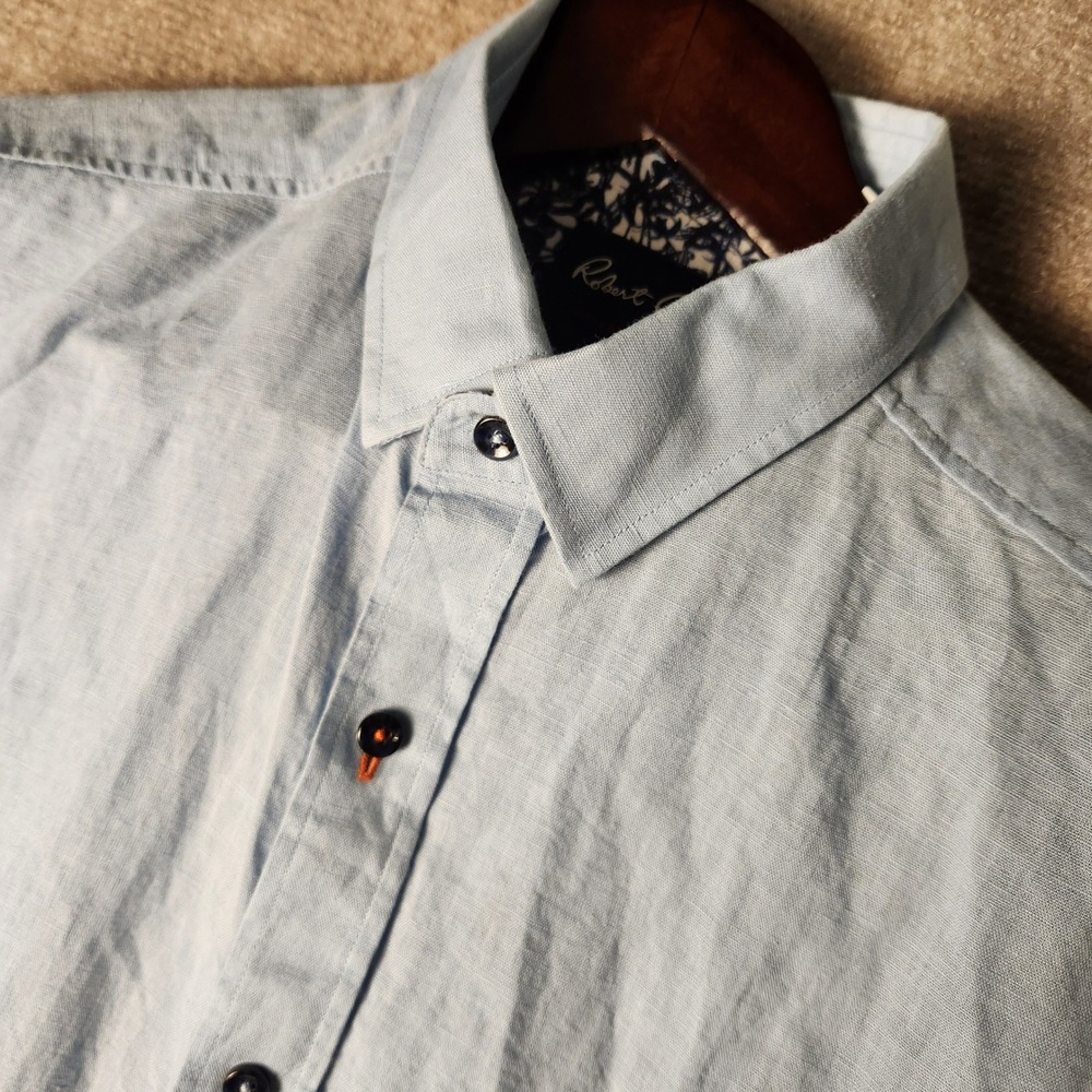 Robert Graham Button Down Mens M Light Blue‎ Linen Blend Short Sleeve Shirt